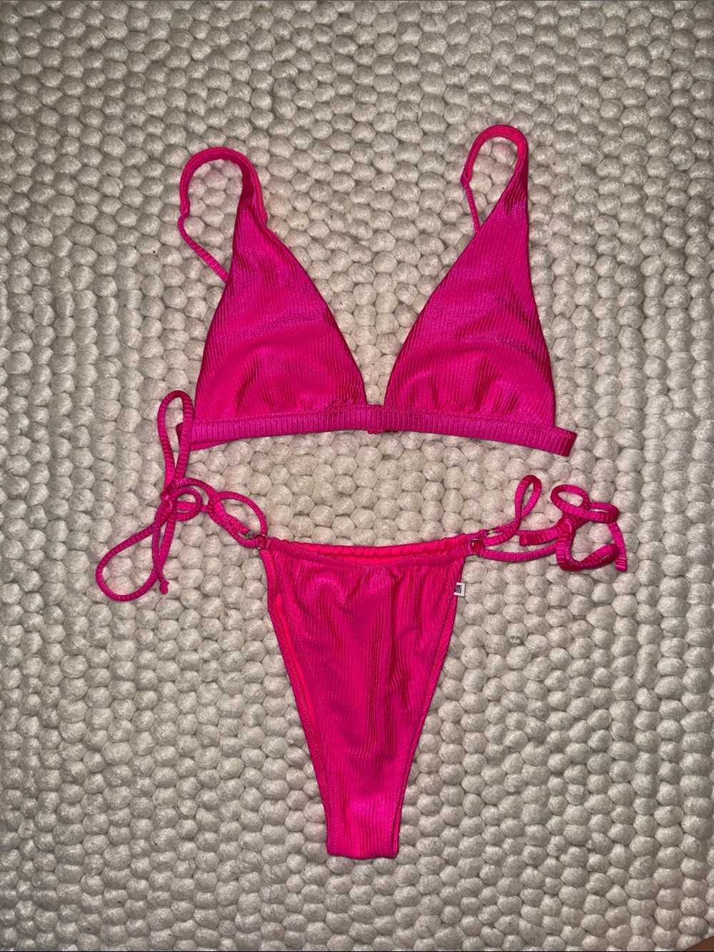 aerie Hot Pink Ribbed Triangle Bikini Set